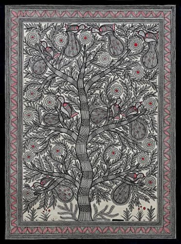 Новика црно -бело црвено животно тематско сликарство Мадхубани од Индија „Дрво на животот III“
