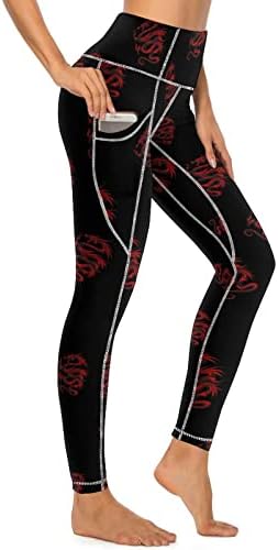 Црвен Црн Змеј Јога Панталони со Џебови За Жени Хеланки За Вежбање Со Висок Струк Хулахопки