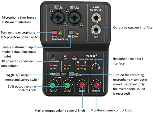 2 канали аудио миксер, преносна компактен конзола за мешање на звук 48V фантомска моќност за дома караоке