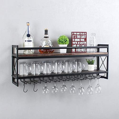 Weven Wine Rack Stemware стакло решетката, индустриска 36in 2-нивоа дрвени полица, wallидни лавици за вино со 9 стаклени држачи за чаши за вино,