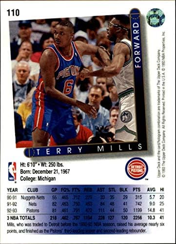 1993-94 Горна палуба 110 Тери Милс Детроит Пистонс НБА кошаркарска картичка НМ-МТ