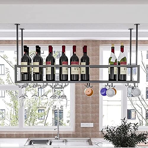 Висење вино стаклена решетка за вино стаклена решетка под кабинет, држач за вино со вино шишиња, метални црни матичникот за закачување