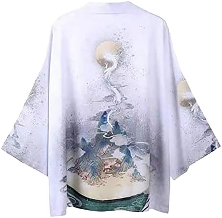 Xxbr mens јапонски кимоно, 3/4 ракав отворена предна лесна јакна ukiyoe змеј печати летен плажа бањарка кардиган