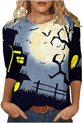 Хоксин Ноќта на вештерките 3/4 маичка за ракави за жени обичен празник пулвер врвови модна куќа лилјак графички џемпер блузи