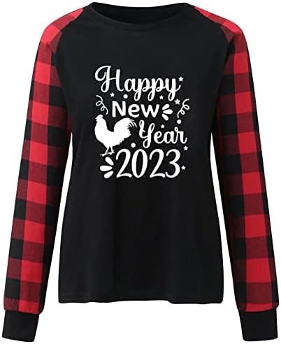 Женски карирани џемпери Среќни новогодишни печати со долга ракав Обичен маица во боја на маици, лабава пулверска екипаж на врвови