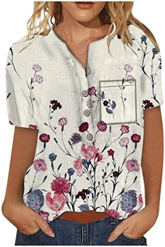 Blенски плус големина блузи со кратки ракави со кратки ракави, кои излегуваат на врвови, цветни печатени обични блузи маички
