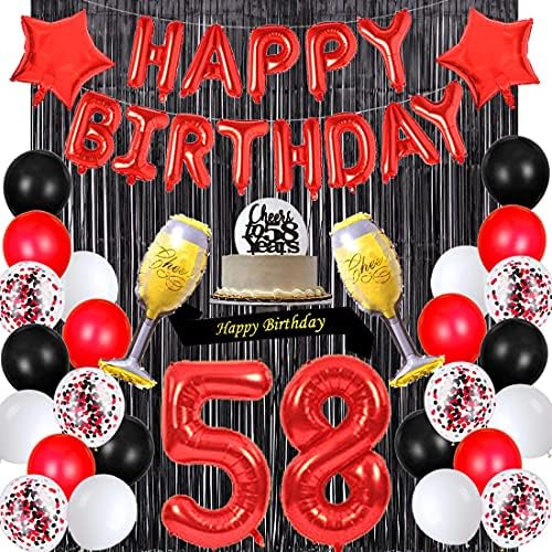 Сантонила Сантонила Црвена 58 -ти роденденски украси Среќен роденден Банер појаси на 58 години торта Топер број 58 конфети латекс балони црна ливче фолија раб завеси