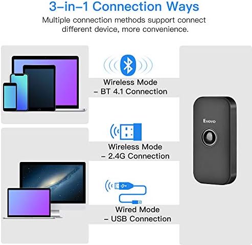 Eyoyo Mini Bluetooth 2D скенер за баркодови, 3-во-1 USB жичен/2.4G безжичен/Bluetooth бар-код читач Преносен 1D QR скенер за слики PDF417 Data
