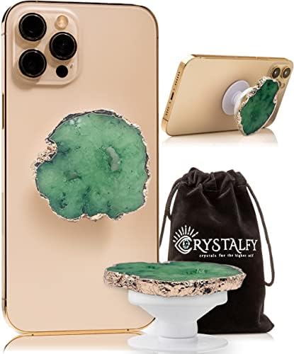 Crystalfy Green Druzy Quartz Raw со отвори Кристал Телефон зафат и телефонски штанд: автентичен врвен врвен скапоцен камен,