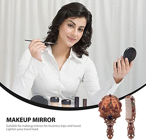Beavorty Vintage Mirror Hand Held Mirror Vintage Handheld Mirror врежан замок шминка огледало со метални чешли за коса преносни патни козметички