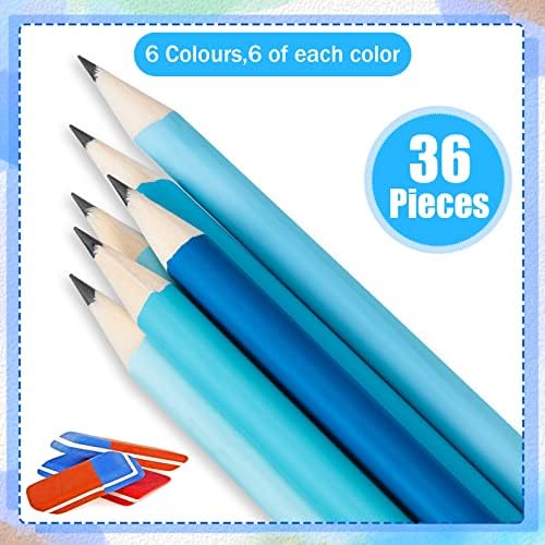 Ченгу 36 пакет крајбрежни сини моливи со бришач за деца забава слатко бришење на дрвени летни моливи за тинејџери возрасни канцелариски