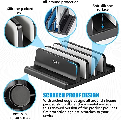 Ривлан Вертикален Држач За Лаптоп, Прилагодлив 3 Слот За Складирање На Лаптоп со Гумена Подлога, Повеќе Држач За Лаптоп За Биро, Премиум