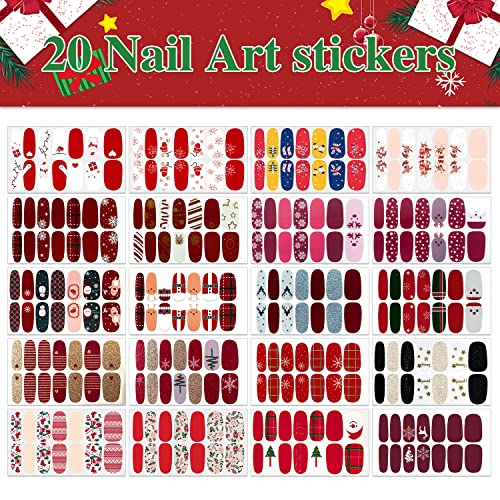 Wookoto 20 листови Божиќни гел нокти обвивки за жени налепници за уметност за нокти се држат на налепници за лак за нокти Дедо Мраз, новогодишна