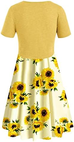 Летен фустан за жени 2 парчиња цврсти врвови завој краток ракав и бел сончоглед печатење обичен а-линија тенок долг фустан