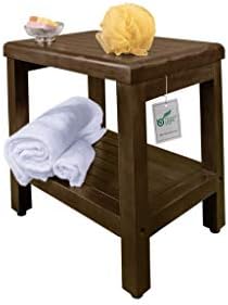 Декоотк Класичен клупа за туширање Елеганто природно дрвено седиште за туширање со полица 18 без никаква отворена клупа на задниот