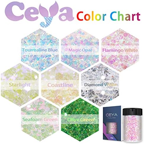 Ceya High Gloss Iridescent Cunky Glitter, 4,9oz/ 140g дијамант бел занаетчиски сјај во прав измешани фини опалски снегулки нокти за занаети за DIY, епоксидна смола, уметност за нокти, сликар