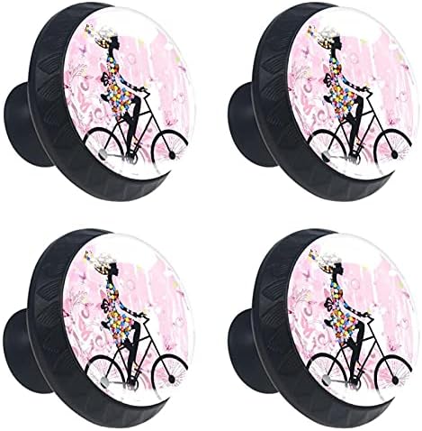 Тјухау Круг Фиока Повлекува Рачка Цвет Девојка На Велосипед Розова Пеперутки Печатење Со Завртки За Домашна Гардероба Кабинети Врата