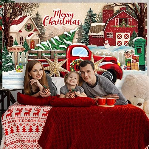 Божиќен црвен камион Банер заднината, гроздобер празнични забави за забави украси за фотографија, Божиќно дрво црвено црно црно биволо карирано