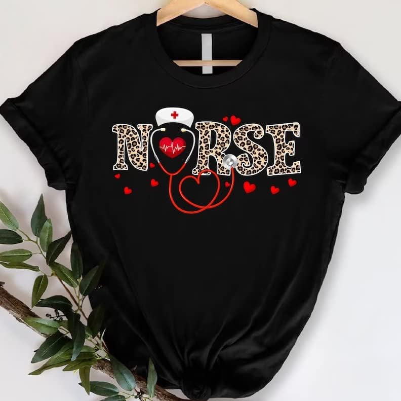 Смешна леопард печати кошула за в Valentубена медицинска сестра, стетоскопска медицинска сестра за живот
