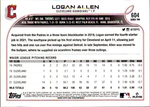 2022 Топпс #604 Логан Ален Кливленд Гардијанс Серија 2 МЛБ Бејзбол Трговска картичка