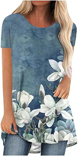 Туника врвови за носење со хеланки со кратки ракави блуза долги кошули цветни блузи за печатење 2023 летни обични врвови на туника