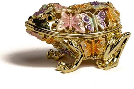 Кутија за кутии за злато жаба Керен Копал украсена со пеперутки и кристали за складирање на накит за складирање на накит со рачно