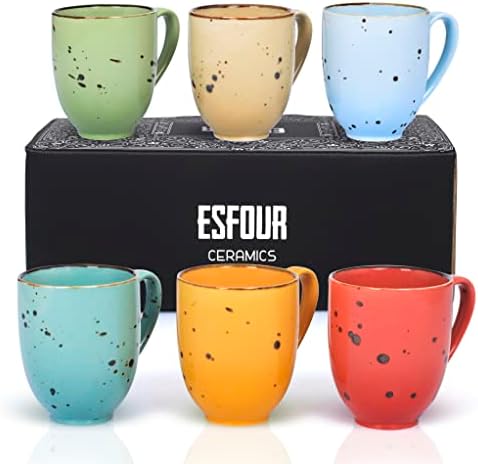 Есфур керамика чаши за кафе сет од 6, 14 мл голема рачка со тешки чаши - микробранова машина за миење садови - лате, капучино, чај,