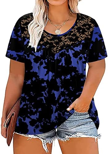 Жените Обични Цветни Чипка Ручани Маици Кријат Стомачни Врвови Лабава Вклопуваат Круг Вратот Кратки Ракави Блузи за Хеланки