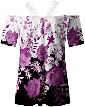 Женска Летна Чипка Врвот На Рамото Блуза V Вратот Обичен Краток Ракав Цветни Печатени Секојдневни Маици