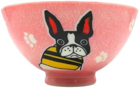 Традиционален керамички јапонски сад со ориз за рамен, супа, бел ориз, со дизајн на розови кучиња