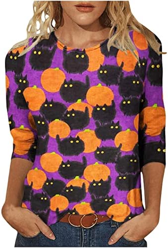 Women'sенски врвови за Ноќта на вештерките, жените 3/4 ракав од тиква мачка маички за печатење маички Обични лабава лесна екипа блуза