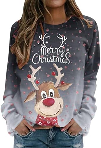 Среќни Божиќни женски долги ракави со долги ракави со маица моден печатење лабава лабава врата на необични маички блузи врвови