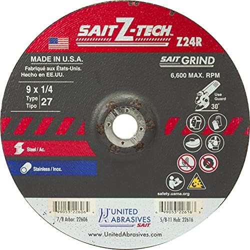 Обединети абразиви SAIT 22206 9x1/4x7/8 z-tech Z24R Високи перформанси Нема центар за мелење на мелење на типот 27, 25 пакувања