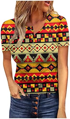 Кошули со краток ракав за жени екипаж вратот Ацтек геометриски графички маички блузи случајни плус големина основни врвови пулвер