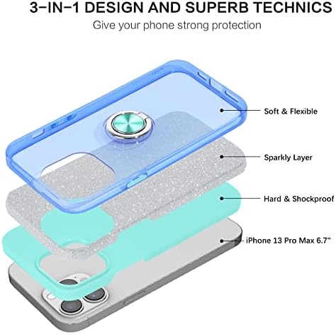 Домавер за iPhone 13 Pro Max Case Glitter Bling Luxury со ротирачки прстен хибриден сребрен мек TPU покритие и тврд компјутер заштитен случај