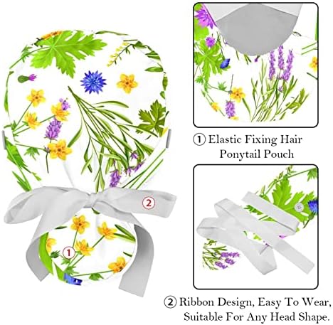 Медицински капаци на Lorvies за жени со копчиња долга коса, 2 парчиња прилагодливо работно капаче, растителни цвеќиња разнобојни