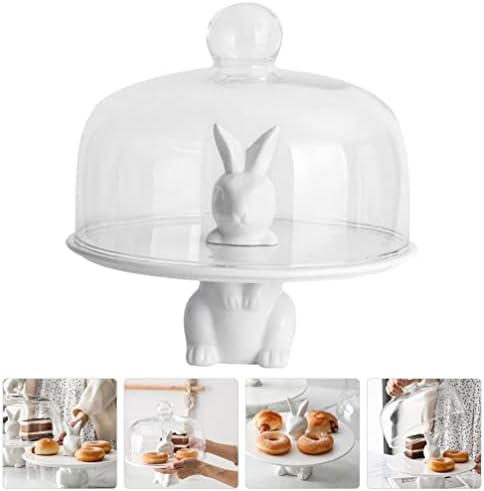 Cabilock стаклен дисплеј куќиште 1 поставен зајаче зајачки керамика плоча симпатична штанд со торта со стаклена купола кук -кекс штанд за десертни