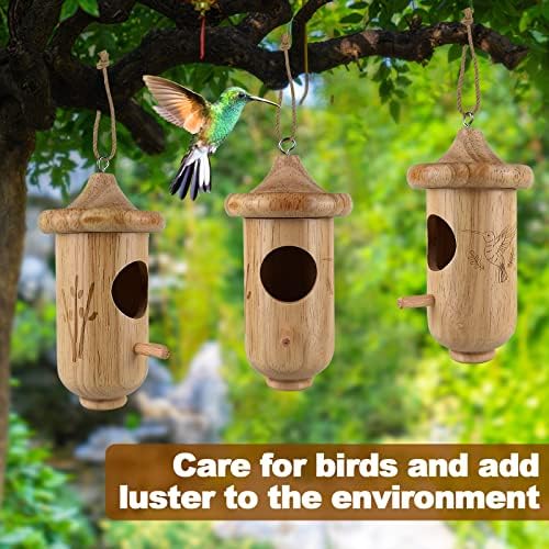 Куќа за колибри за надворешни виси, дрвени потпевнувачи гнездо 3 пакувања со јажиња од коноп, куќи за градинарски птици