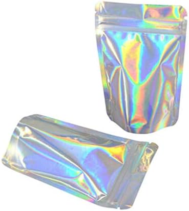 100 парчиња Стојат Холографски Вреќи За Заклучување Со Патент Што Може Да Се Затворат Топлина Запечатлива Алуминиумска Фолија Пластична