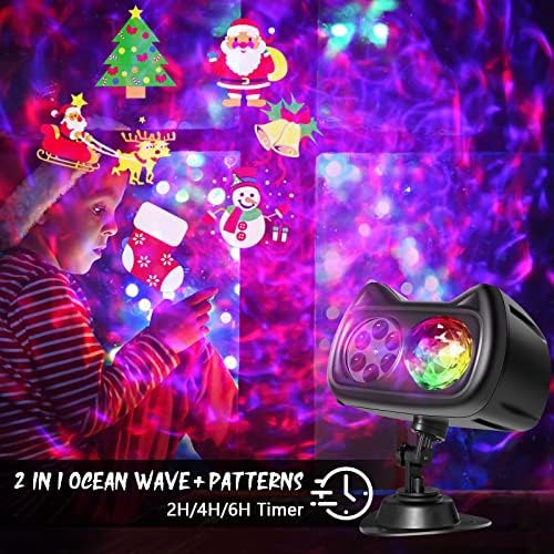 Божиќни проектори светла на отворено, 2-во-1 3Д океански бран Снегулка предводена од проектор со 16 HD слајдови и 10 бои, водоотпорен со далечински
