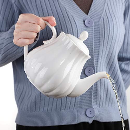 Керамички чајник, 28oz Мал порцелан чајник со отстранлив не'рѓосувачки челик инфузер тиква од трепет сенка бел чај садови за