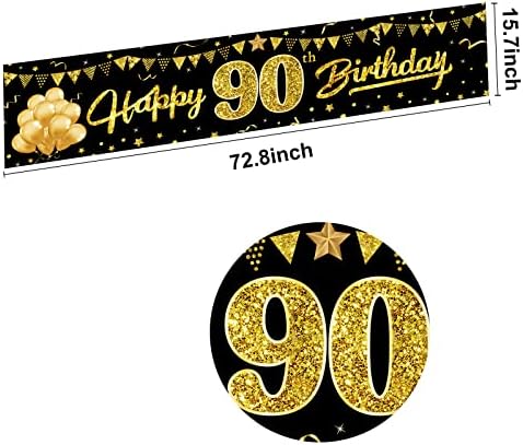 Јоакиј Среќен 90-Ти Роденден Банер Украси За Жени Мажи, Црно Злато 90 Роденден Двор Банер Партија Материјали, 90 Годишниот Бдд