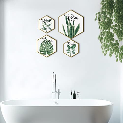 Hoteam сет од 4 ботанични растителни бања декор wallидна уметност злато врамено опуштете се натопено одвојување здив зелен лист бања