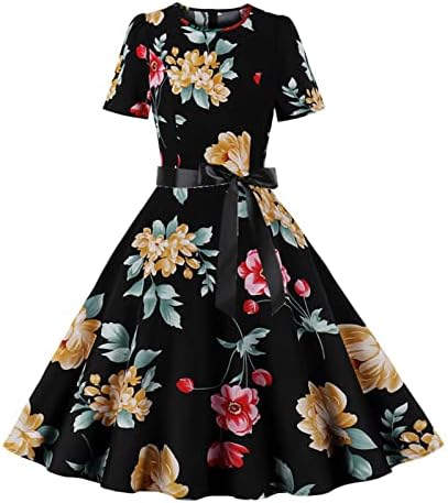 Fragarn црковни фустани за жени 2023 година, женски модни обични тенок тенок печатено тркалезен врат со фустан со краток ракав со ремен