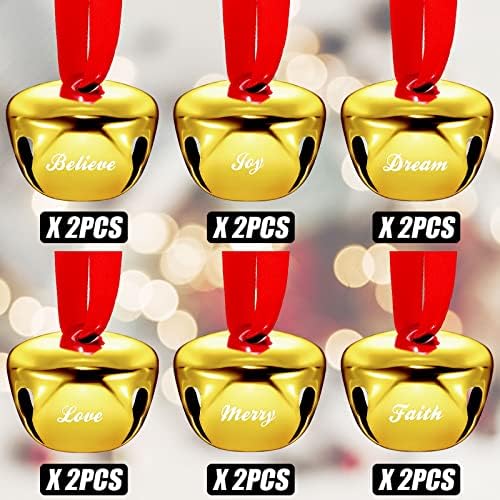12 парчиња 1,5 инчи Божиќна украс за украси на bellвонче со црвена лента верувајте радоста loveубов весела вера метална bellвона елка