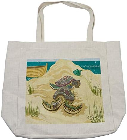 Торба за купување на желки Амбесон, илустрација на 2 морски желки на песочна лето-плажа со шише со трева од трева, еко-пријателска