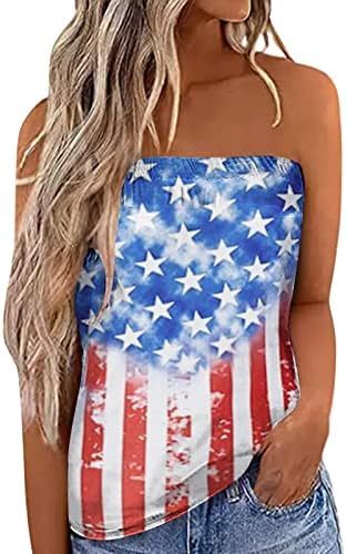 Women'sенски без ретроспективно банда, американско знаме печатено цевка Топ 4 -ти јули без ракави, летни резервоари за летни резервоари на летни резервоари