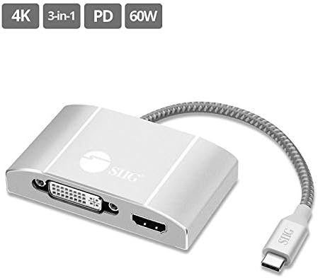 Адаптерот за видео монитор SIIG USB-C до HDMI/DVI/VGA видео монитор со 60W полнење на лаптоп PD-USB Type-C мултипорт на конвертор на конверторот-Thunderbolt