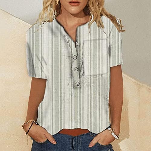 Мода Хенли кошули за жени обични ленти со кратки ракави со кратки ракави 2023 летни лабави блузи со џеб