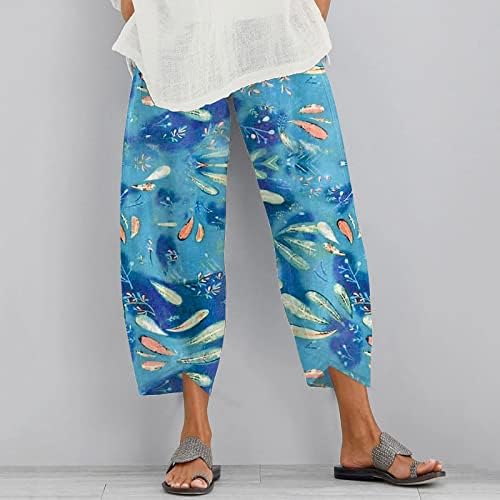 Женски памучни постелнини капри панталони, еластични високи половини со широки нозе лабава јога каприс графички цветни печатени панталони